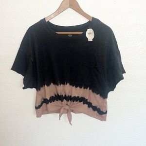 Offline By Aerie Cotton Black Tan Tie Dye Raw Hem Tie Front Short Sleeve Shirt
